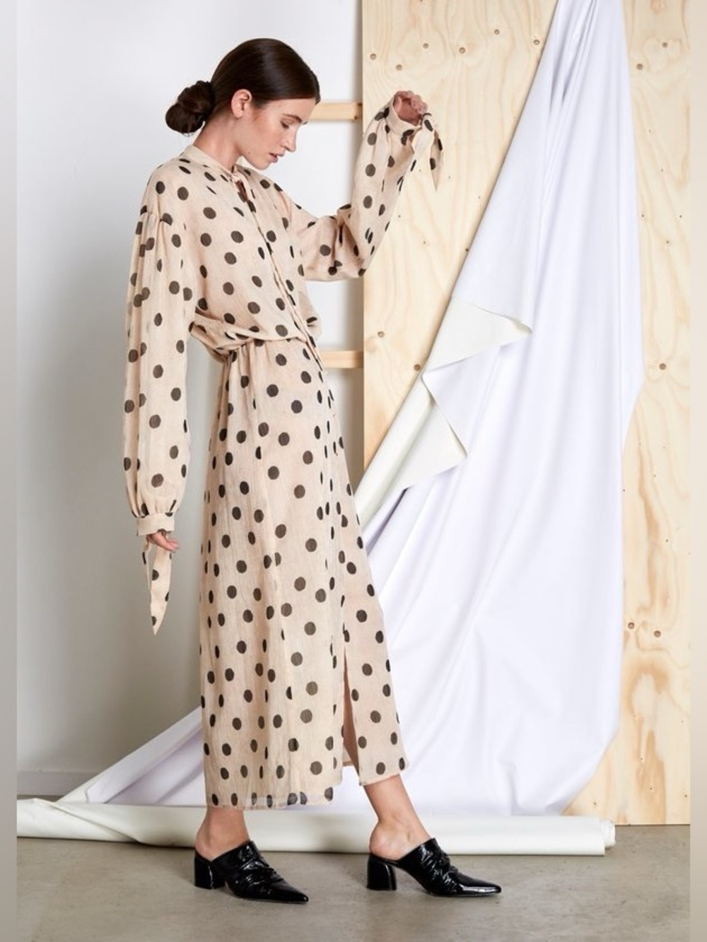 NWOT Nanushka Cream Chiffon Zahara Black Dot LS Dress Wmns Sz M Tan